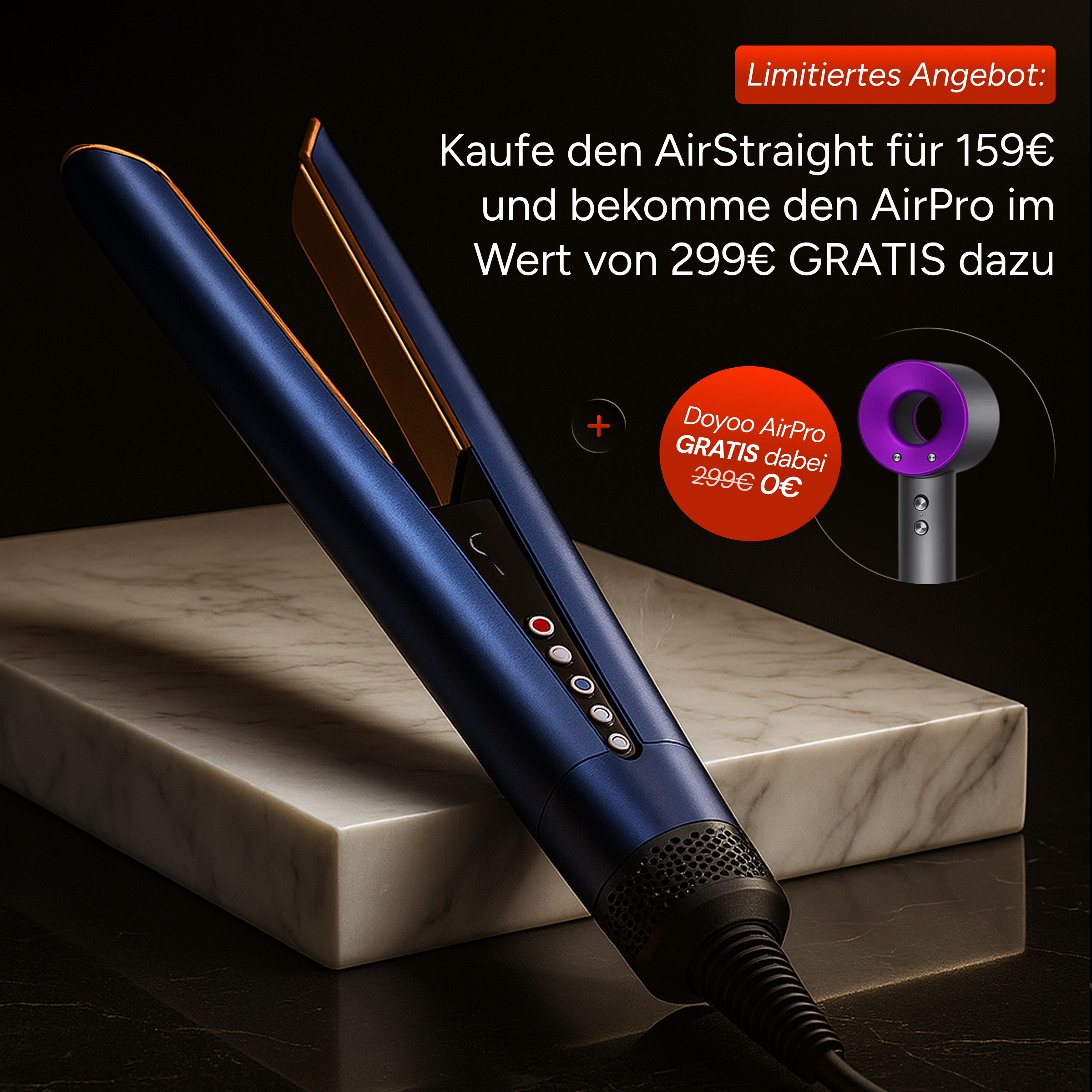  DOYOO™ AirStraight 2-in-1 Glatt- und Föhnstyler in Blau auf Tisch mit AirPro-Angebot – gratis AirPro inklusive.